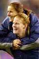 Brandi Chastain suffering with a foot injury is carried around field by team mate Cindy Parlow after their 2003 Women's World Cup quarterfinal game victory against Norway.